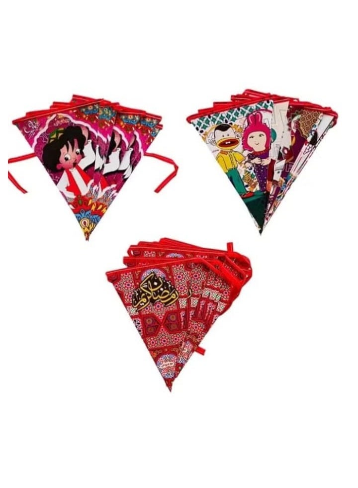“Set of 3 large triangular Ramadan decorations made from high-quality double-sided printed cardboard. Perfect for adding a colorful and elegant festive touch to any room or corner, creating a joyful and lively Ramadan atmosphere for family and friends - Image 1